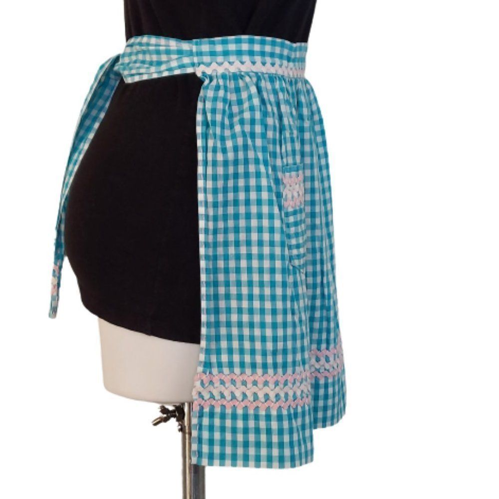Vintage Handmade Gingham Apron, Teal - Picture 4 of 14